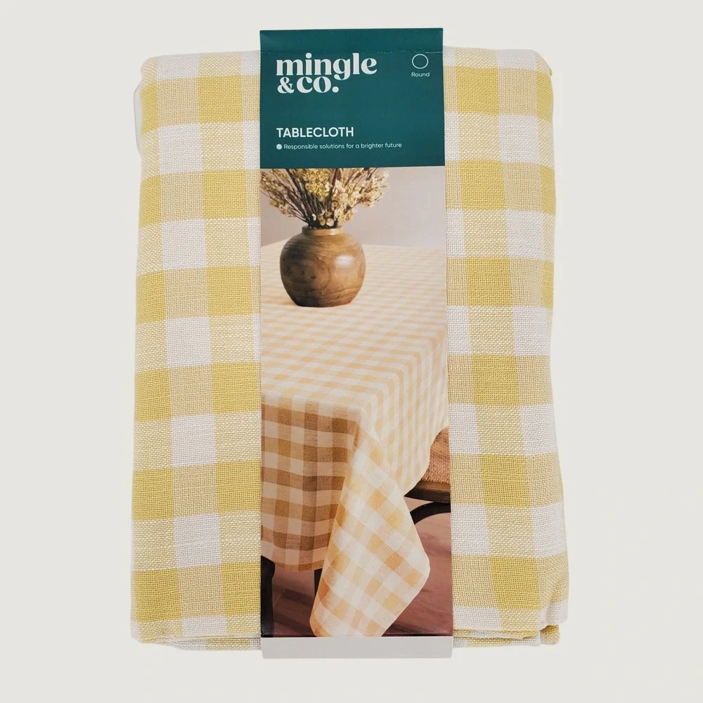Mingle & Co Yellow Gingham Round Tablecloth 70 Inch Farmhouse Cottagecore Spring
